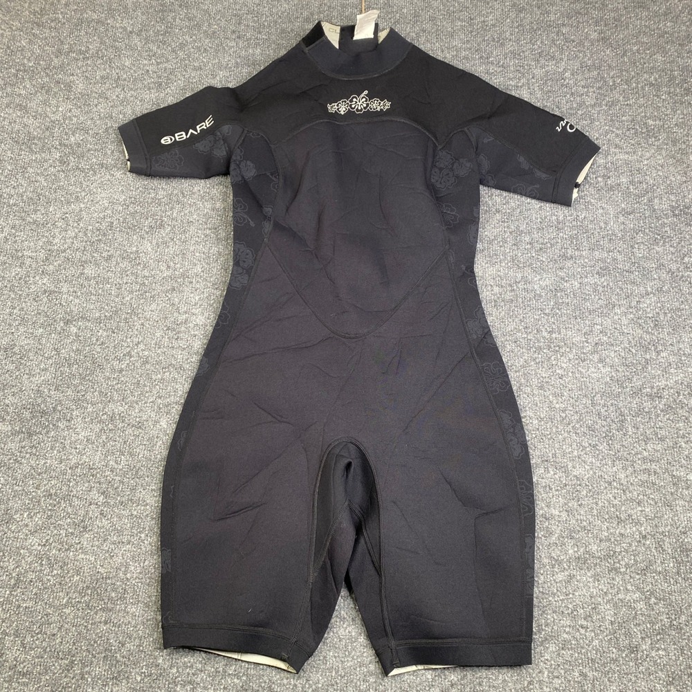 Bare Powerstretch Womens Shorty Wetsuit Size 12 Black Hibiscus Floral 2mm Diving